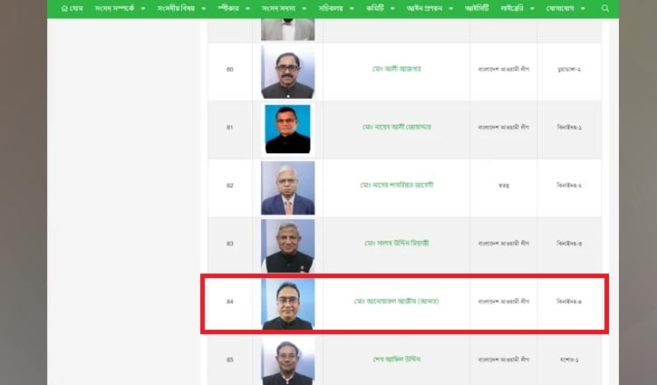 সংসদের ওয়েবসাইটে ফিরল আনোয়ারুল আজিমের তথ্য